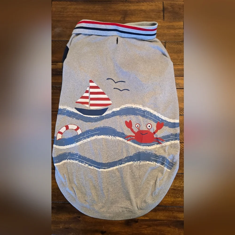 Stylish Gray Dog Polo Shirt with Red and Blue Accents